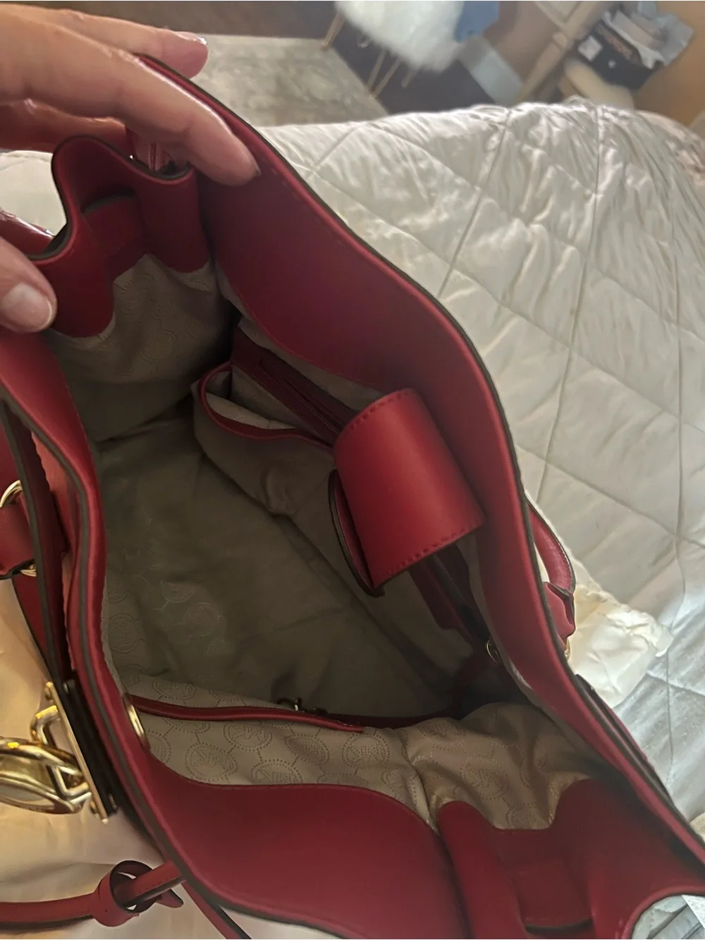 Michael Kors Bright Red Leather Tote with Gold-Tone Accents